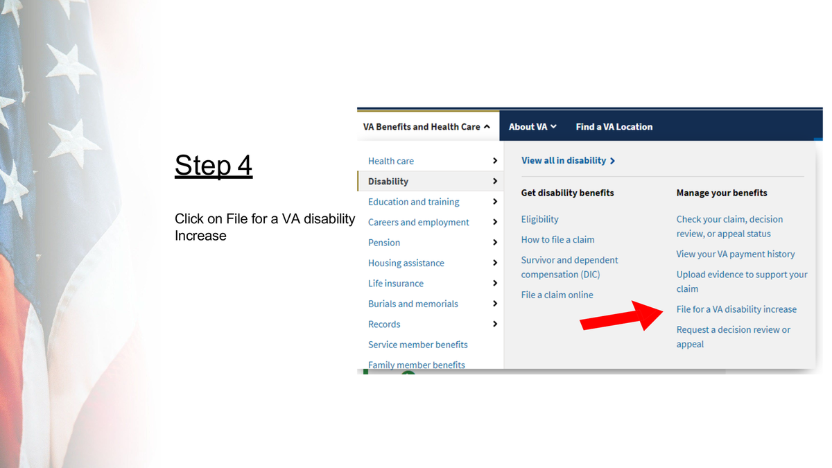 Step 4: Click ‘File for a VA Disability Increase’